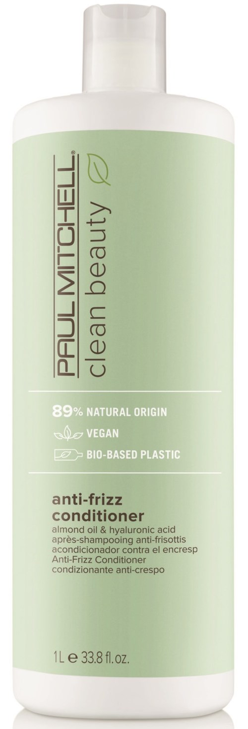 Grön flaska med Paul Mitchell Clean Beauty anti-frizz balsam med naturliga och veganska ingredienser.