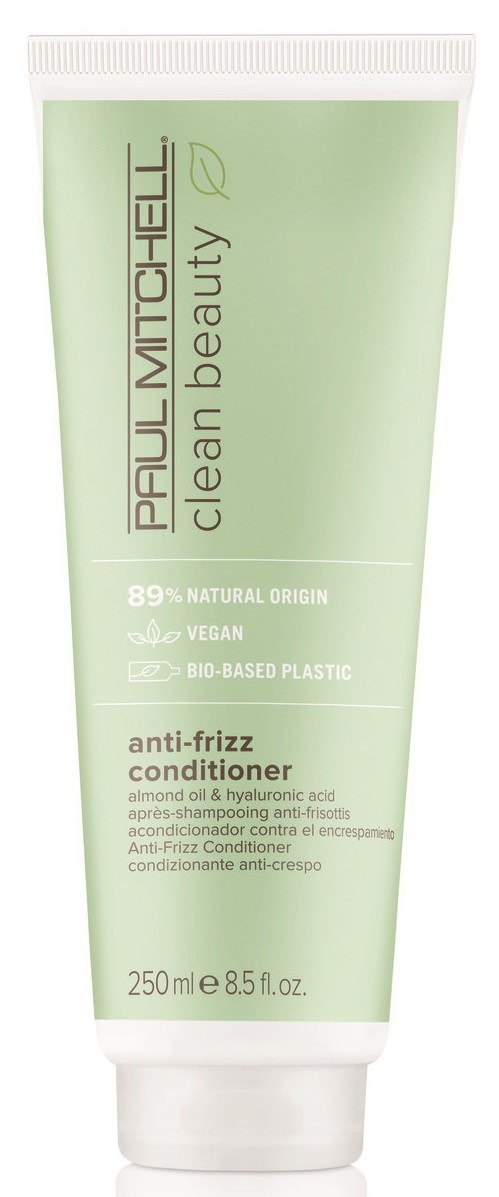 Grön tub med Paul Mitchell clean beauty anti-frizz balsam med 89% naturliga ingredienser och vegansk etikett.