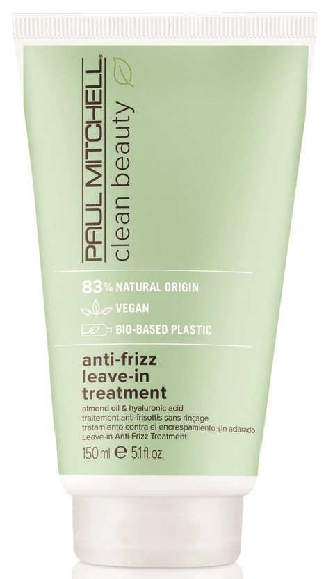 Grön tub med anti-frizz leave-in-behandling från Paulas Choice, vegansk, naturlig, med mandelolja och hyaluronsyra.