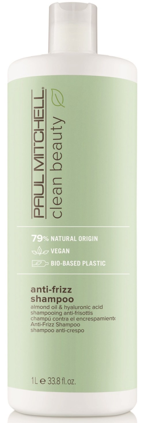 Grønn og hvit flaske med Paul Mitchell anti-frizz sjampo med naturlige ingredienser, vegansk, og miljøvennlig emballasje.
