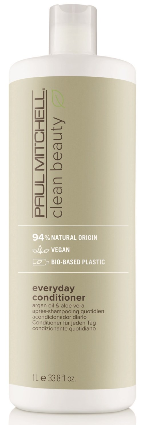 En flaske fra Paul Mitchell Clean Beauty daglig balsam med naturlige ingredienser, egnet for veganere og biologisk nedbrytbar plast.