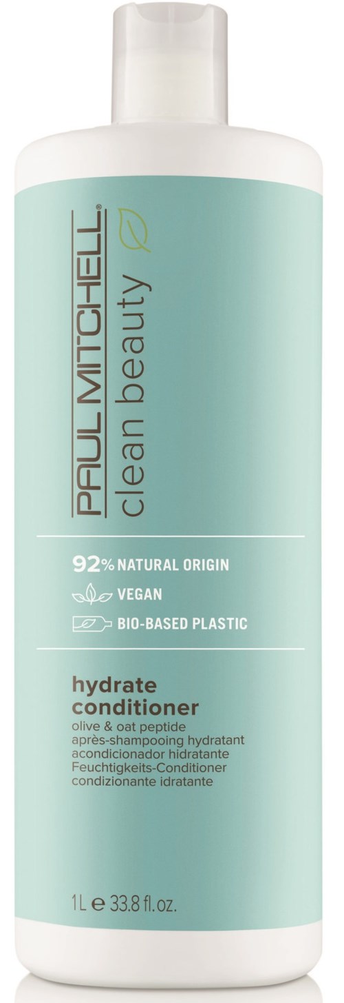 En ljusblå flaska med Paul Mitchell hydrate balsam, 1 liter, med vit kork och enkel etikett.