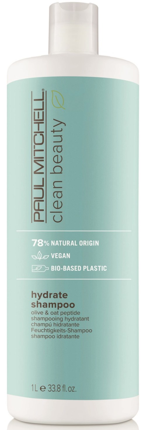 Vaaleanvihreä pullo Paul Mitchell Clean Beauty kosteushampoalle valkoisella korkilla.