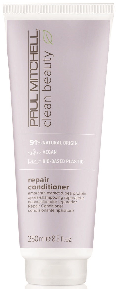 A tube of Paul Mitchelle repair conditioner with natural ingredients, vegan, bio-based plastic, and 250 ml size.