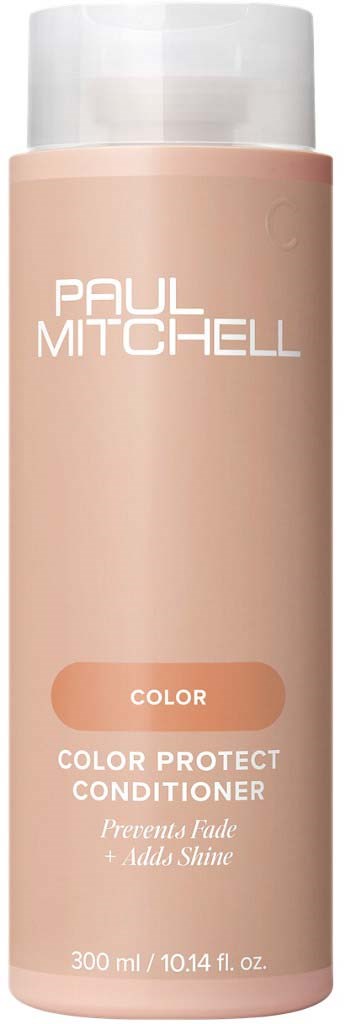 A tall, peach-colored bottle with a clear cap, labeled 'Paul Mitchell Color Protect Conditioner.'