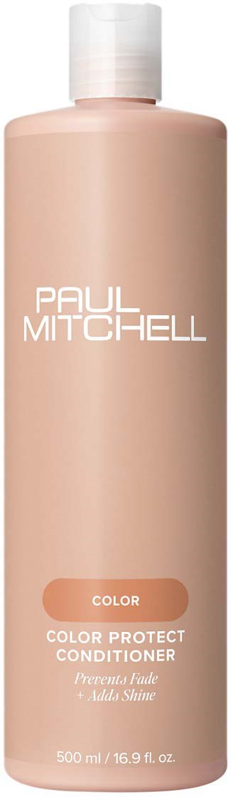 A beige bottle of Paul Mitchell Color Protect Conditioner with white cap, labeled for color and sun protection.