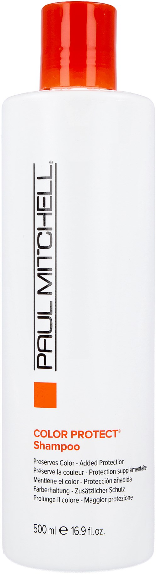 A white bottle of Paul Mitchell Color Protect Shampoo with a red cap and label, holding 500 ml of product.