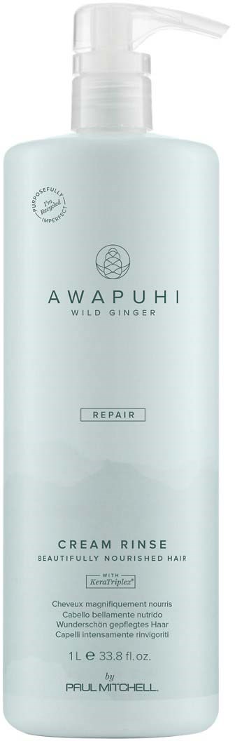 Valkoinen pullo Awapuhi Wild Ginger Repair -hoitoaineen hoitavalle hiukselle pumpun kanssa.