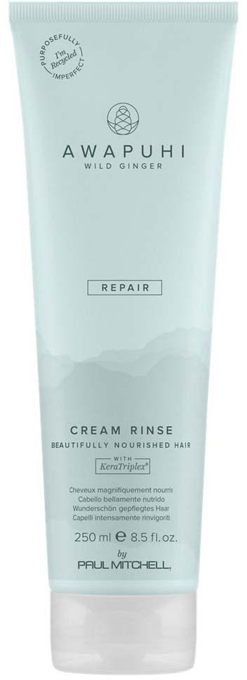 Vasemmanpuoleinen putki vaaleansinisellä ja valkoisella, merkattu Awapuhi Wild Ginger Repair Cream Rinse, 250 ml.