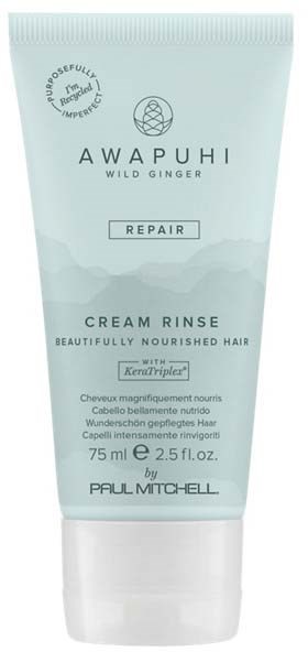 Vaaleansininen putkilo Awapuhi Wild Ginger hoitoaine, jossa maininta hiusten korjaamisesta ja ravitsemuksesta.