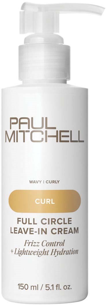 A white bottle with a pump features Paul Mitchell hair cream for curly hair, offering frizz control and hydration.