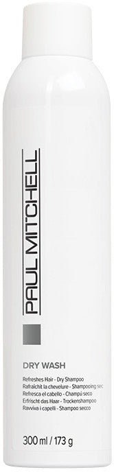A white bottle of Paul Mitchell dry wash hair shampoo, 300 ml, with black and gray text on it.