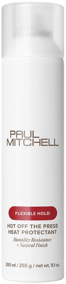 A white bottle of Paul Mitchell heat protectant with a red label indicating flexible hold.