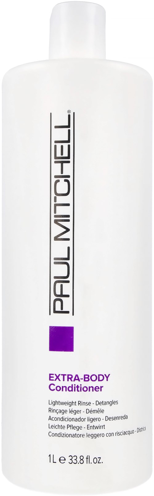 En vit flaska med Paul Mitchell Extra-Body Conditioner med svart och lila text, står upprätt.