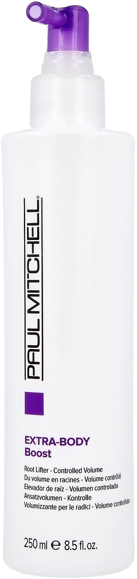 Grote witte fles met paarse pomp, gelabeld 'Paul Mitchell Extra-Body Boost,' bevat 250 ml haarproduct.