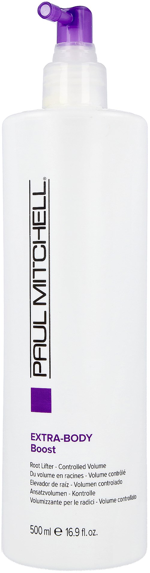 En lång vit flaska med lila lock, märkt Paul Mitchell Extra-Body Boost, för hårvolym. 500 ml storlek.