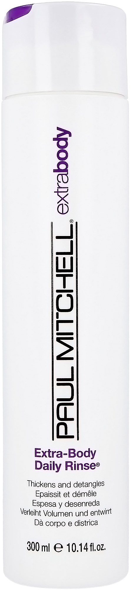 Pitkä valkoinen pullo, jossa on violetinsininen korkki, nimeltä Paul Mitchell Extra-Body Daily Rinse, hiustenhoitoon, 300 ml.