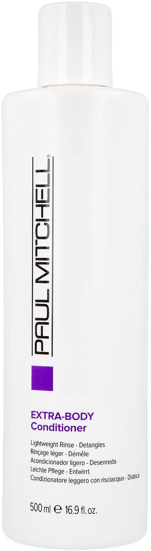 Valkoinen pullo, jossa lukee Paul Mitchell Extra-Body Conditioner, 500 ml, sileä muotoilu, tuotetiedot violettina ja mustana.