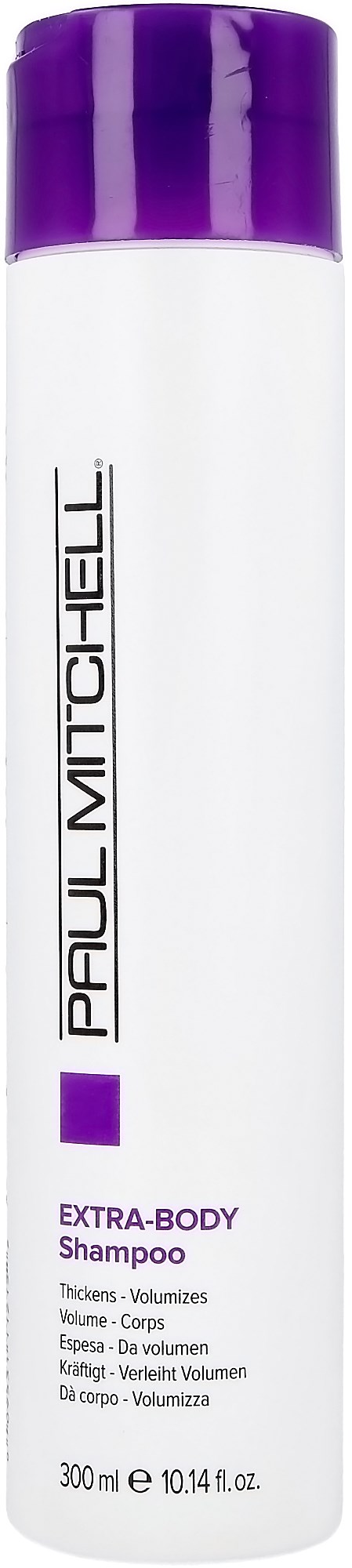 Een witte shampoefles met paarse dop en label die zegt 'Paul Mitchell' en 'Extra-Body Shampoo'.
