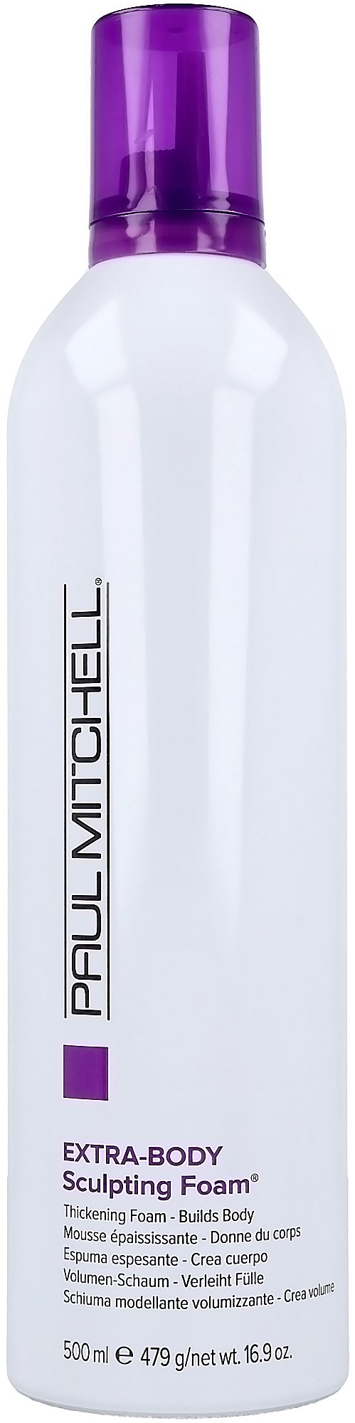 A white bottle with a purple cap, labeled Paul Mitchell Extra-Body Sculpting Foam for hair volume.