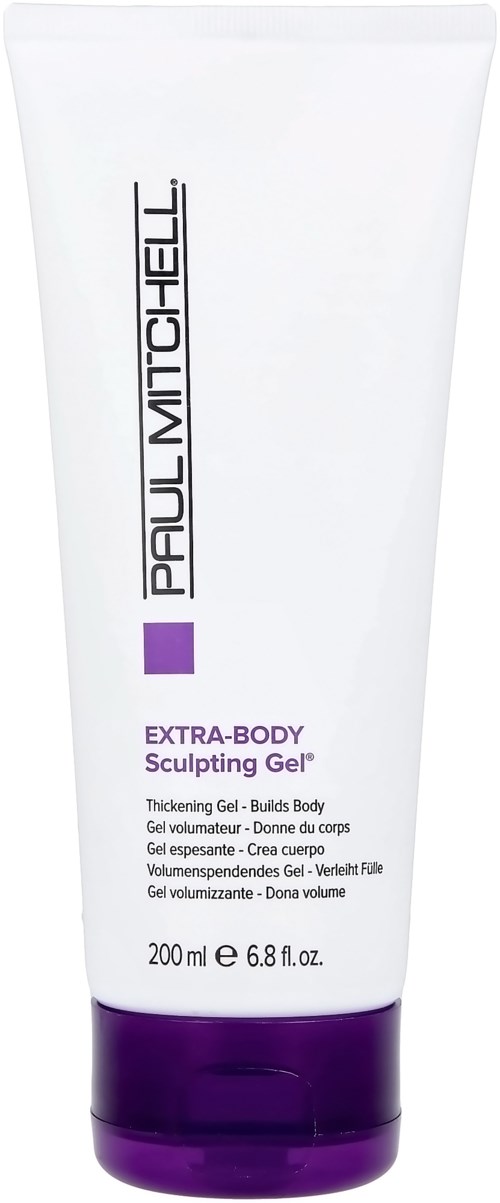 Valkoinen tuubi, jossa on violetti korkki, ja teksti 'Paul Mitchell Extra-Body Sculpting Gel, 200ml'.