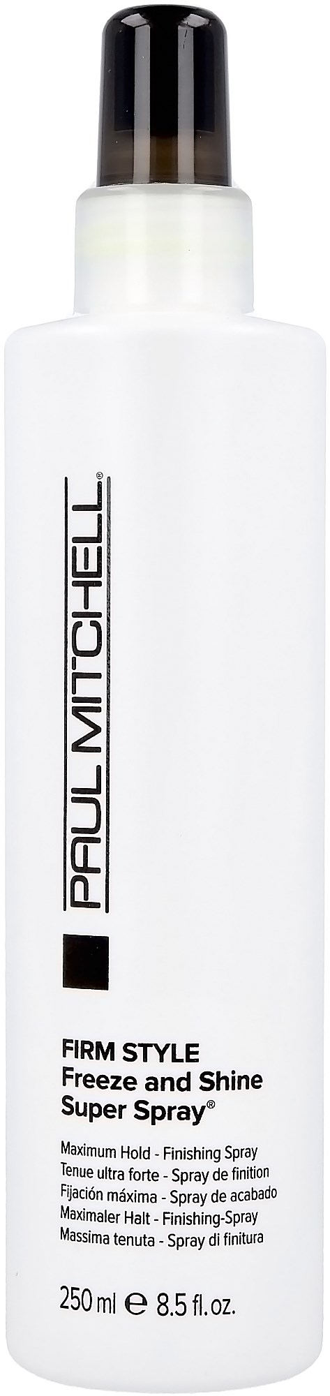 Biała butelka z czarna nakrętką, oznaczona jako Paul Mitchell Freeze and Shine super spray do włosów.