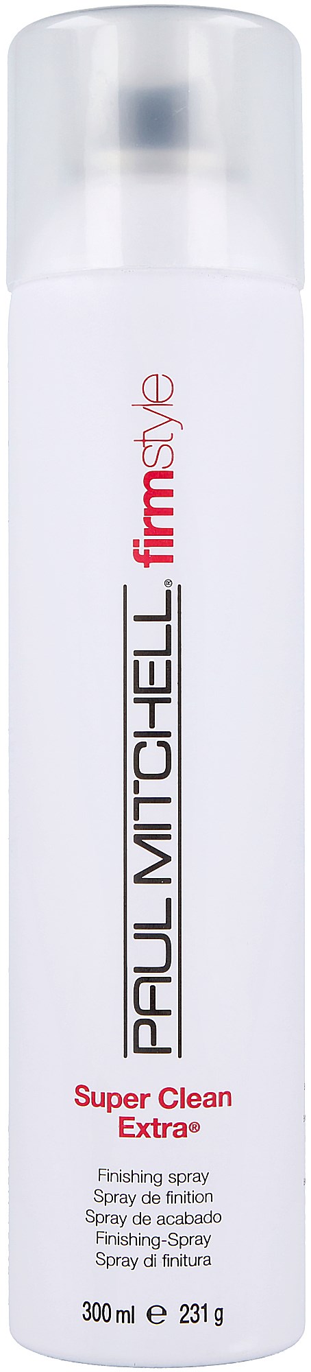 En hvit sprayflaske med svart og rød tekst, merket 'Paul Mitchell' og 'Super Clean Extra' for styling.