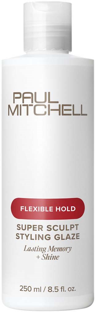 En vit flaska med vit lock, märkt som Paul Mitchell super sculpt styling glaze, 250 ml, för flexibel hållning.
