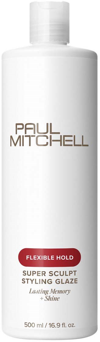 En vit flaska med namnet Paul Mitchell, märkt som flexibel hållbar super sculpt stylinggelé, 500 ml storlek.