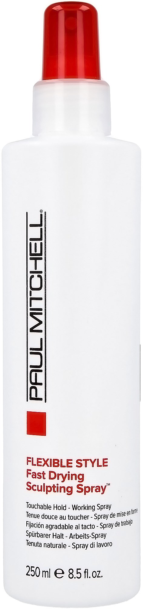 Biała butelka z czerwonym korkiem, oznaczona Paul Mitchell. To spray do stylizacji dla elastycznego układania i szybkiego schnięcia.