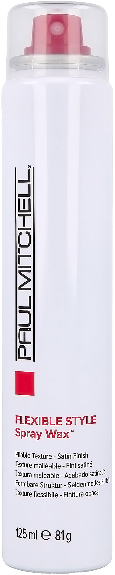 Eine weiße Sprühdose mit roten und schwarzen Texten, verwendet für Hairstyling, gekennzeichnet 'Paul Mitchell' und 'Spray Wax'.