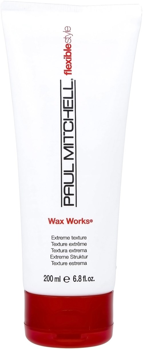 Valkoinen tuubi, jossa punainen pohja, merkinnät Paul Mitchell Wax Works, mainitsee joustavan tyylin ja eksträmuodon.