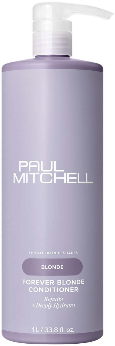En lavendelfärgad flaska med pump, märkt Paul Mitchell Forever Blonde Conditioner för blonda toner.