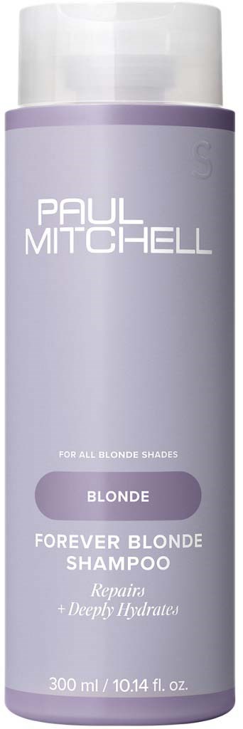 Paars shampoofles voor blond haar die herstelt en hydrateert.