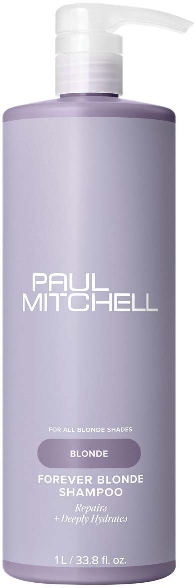 Vaaleanlila pullo Paul Mitchell Forever Blonde Shampoo, sopii blondinaamille, pumppumilla.