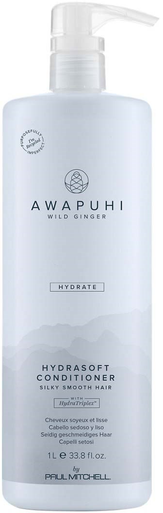 A white bottle of Awapuhi Wild Ginger Hydrasoft Conditioner for smooth hair, with a pump top, branding, and product details.