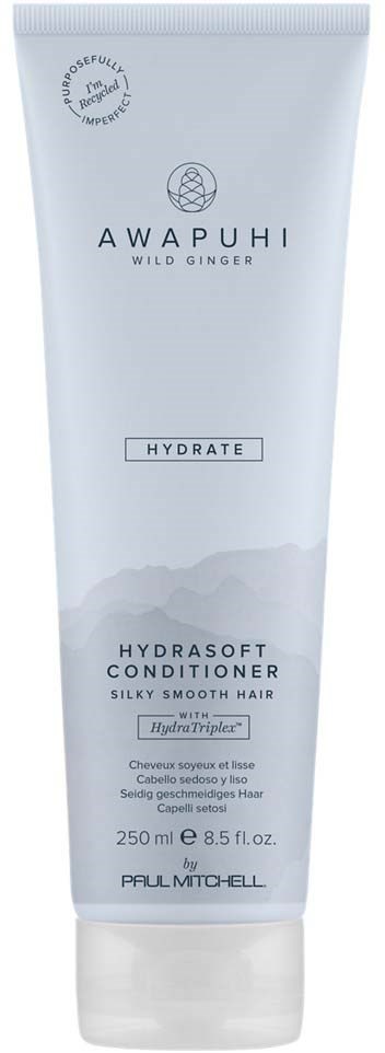White tube with black text, labeled Awapuhi Wild Ginger Hydrate Conditioner for smooth hair, 250ml size.