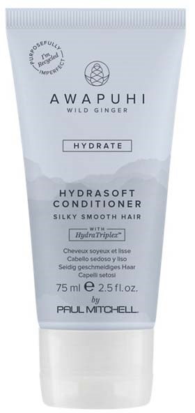 A white tube of Awapuhi Wild Ginger conditioner with black text, emphasizing hydration and smooth hair care.