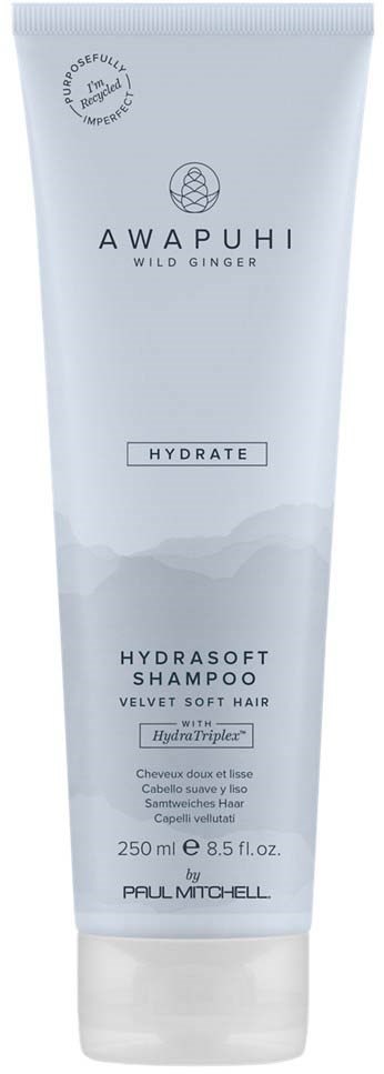 White tube of shampoo with black and gray text, brand name 'AWAPUHI' and 'HYDRATE' label, 250 ml size.