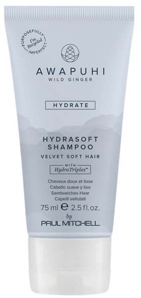 Valkoinen tuubi Awapuhi Wild Ginger Hydrate shampoolle, pehmeään, sileään hiukseen hydraTriplex-teknologialla, 75 ml.