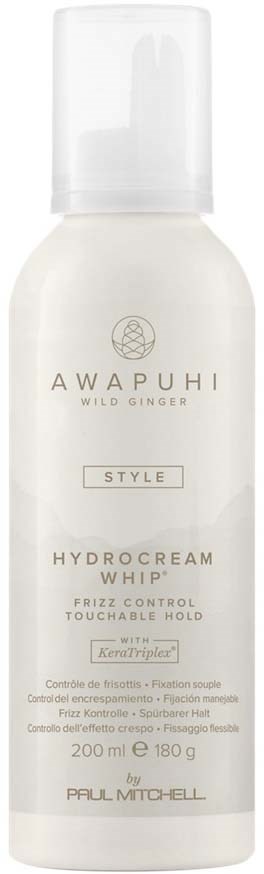 A white bottle labeled "Awapuhi Wild Ginger Hydrocream Whip" for hair styling, 200 ml, by Paul Mitchell.