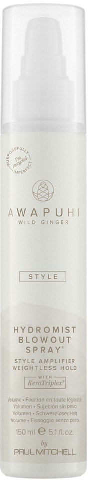 A white spray bottle labeled 'Awapuhi Wild Ginger' and 'Hydromist Blowout Spray' with a pump top.