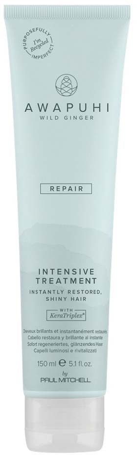 A tube of Awapuhi Wild Ginger Repair hair treatment for shiny, healthy hair. Contains Keratin and natural ingredients.