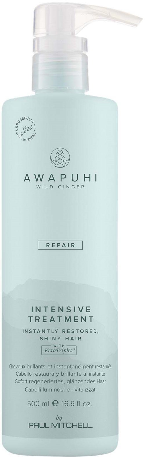 A light blue bottle with a pump, labeled Awapuhi Wild Ginger Intensive Treatment for shining, restored hair.