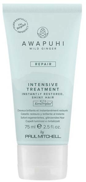 A light blue tube of Awapuhi Wild Ginger Intensive Treatment for shiny hair by Paul Mitchell.
