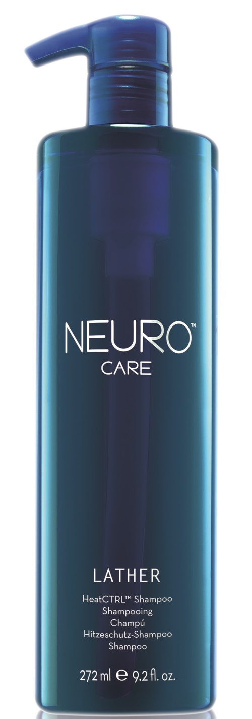 Długa, niebieska butelka szamponu z napisem 'NEURO CARE LATHER'.