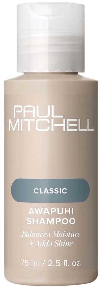 Beige puteli, jossa lukee Paul Mitchell, Classic Awapuhi Shampoo, valkoinen korkki ja tuotetiedot.