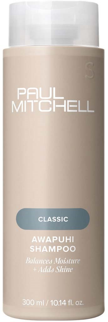 Beigekylpyhuonepullo, jossa valkoinen korkki, merkki Paul Mitchell Classic Awapuhi Shampoo, tasapainoiseen kosteuteen ja kiiltoon.