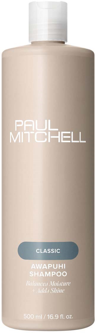 Pitkä beige shampoo-pullo, jossa lukee 'Paul Mitchell,' 'Classic,' ja 'Awapuhi Shampoo,' 500 ml tilavuudella.