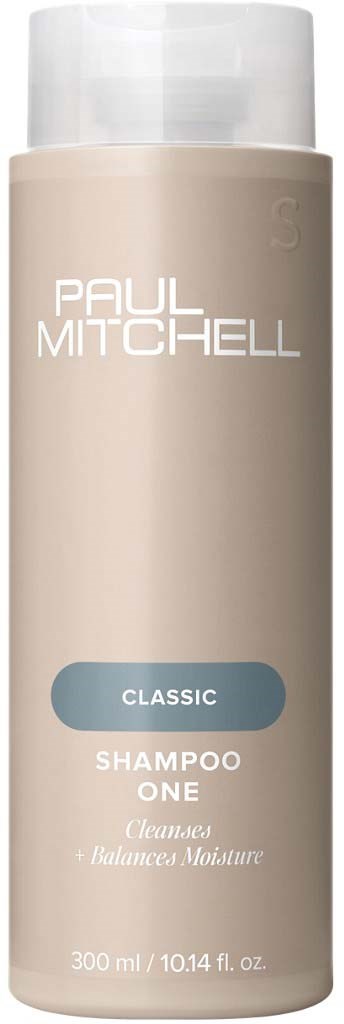En beige flaska med Paul Mitchell Classic Shampoo One för balanserad fukt, 300 ml storlek.